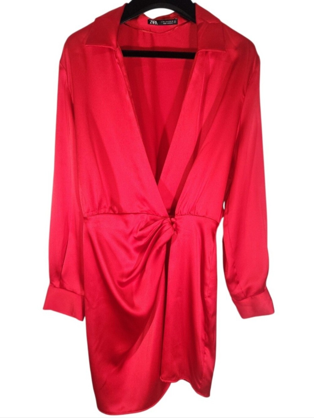 Zara Red Silk Satin Mini Night Out Long Sleeve Dress Size M - Picture 2 of 9